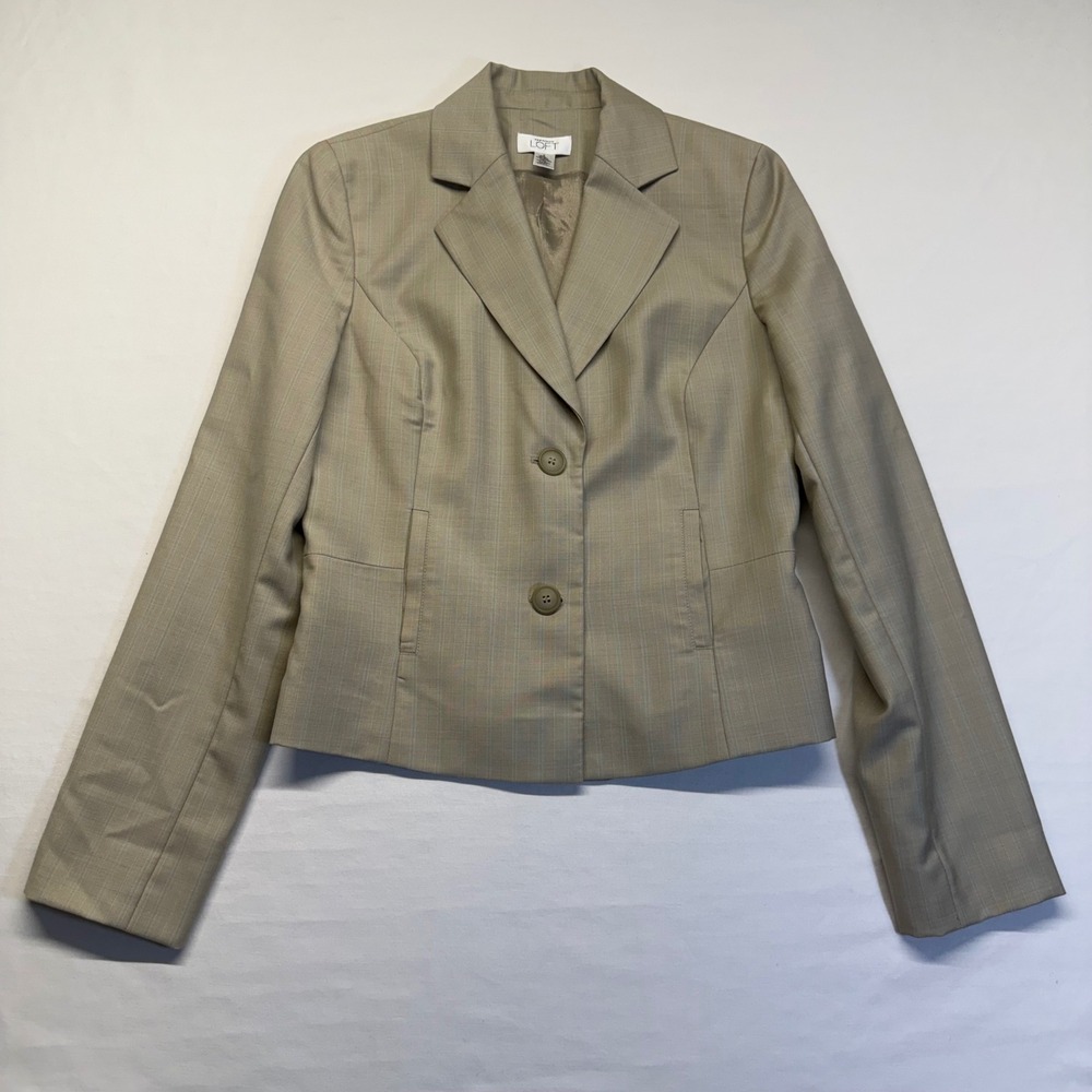 Ann Taylor LOFT Blazer Pinstripe 4 Tan Women Fitted Wool Office Suit Jacket